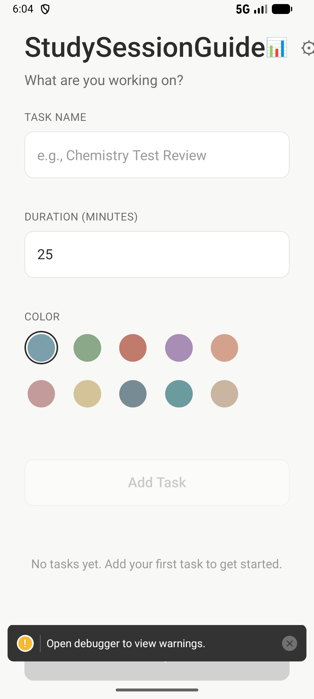 Create study tasks with custom names, durations, and colors